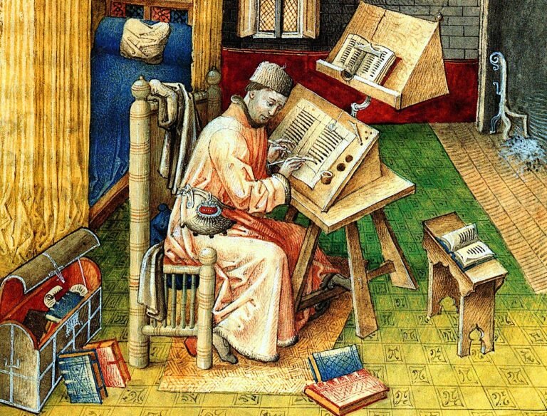 Un amanuense medievale che copia un libro a mano